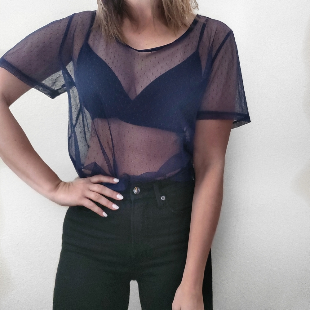 Fossil Brand Sheer Swiss Dot Short Sleeve Top